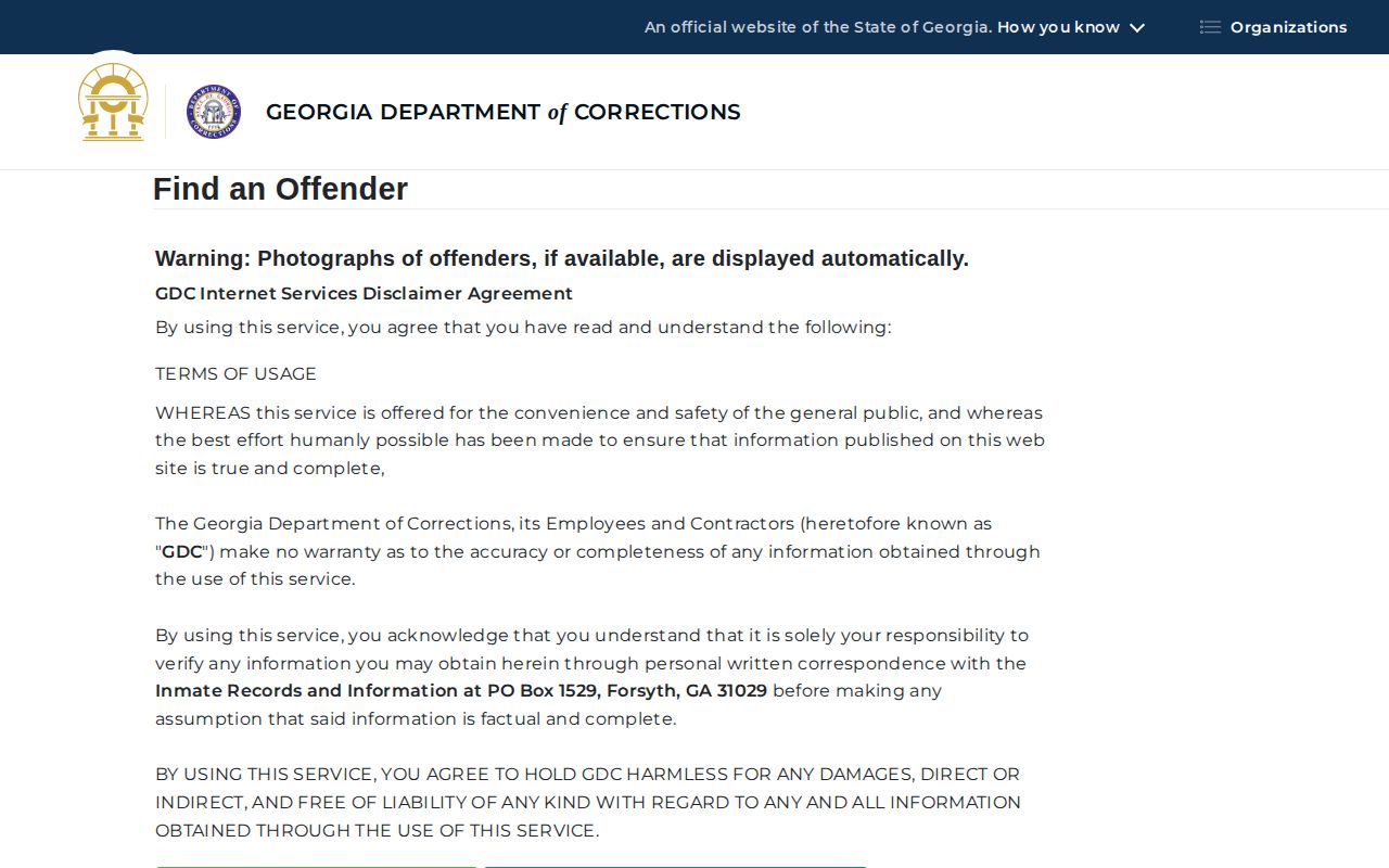 Georgia Department of Corrections offender query entry for released inmate searches